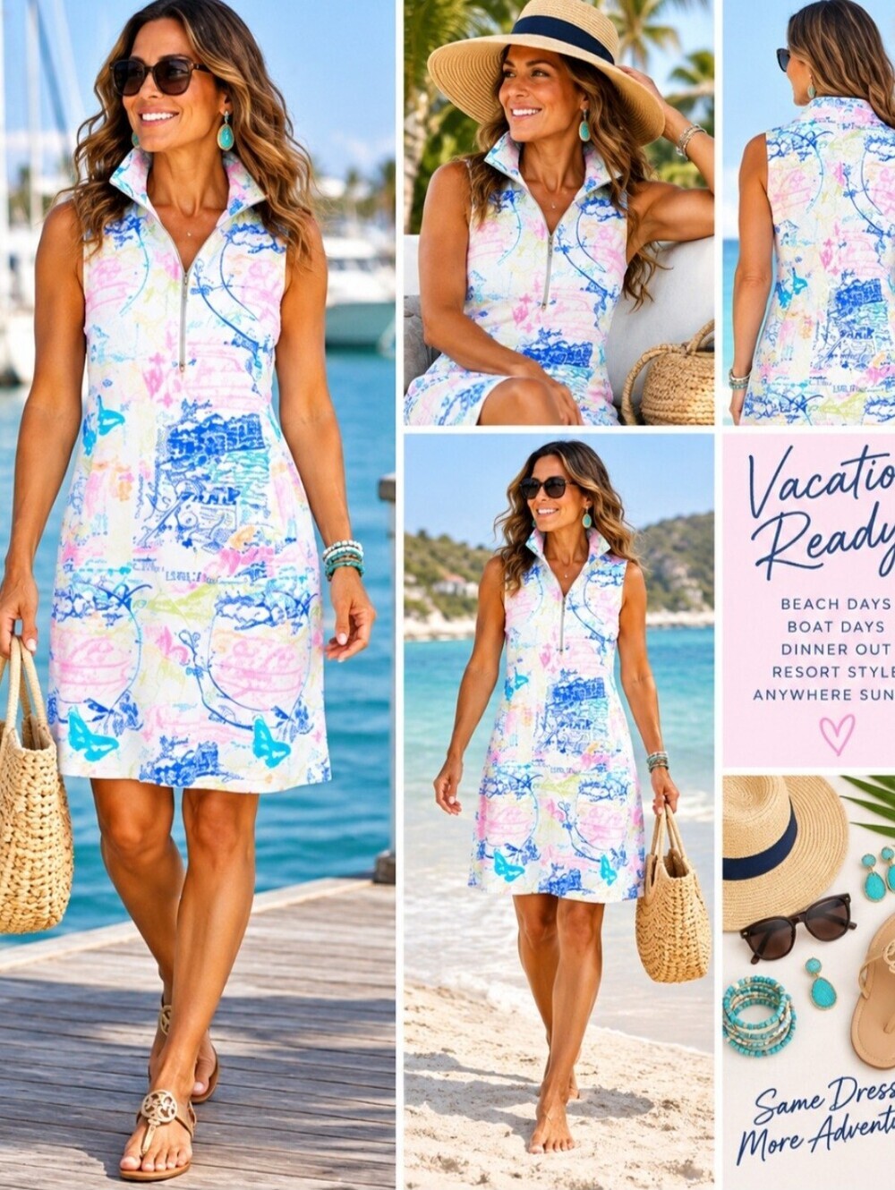 Lulu B Dress Small Paris France Print Sleeveless 1/4 Zip Stretch Travel Resort - Picture 2 of 14